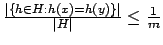 $ \frac{\vert\{ h \in H: h(x)=h(y) \}\vert}{\vert H\vert} \leq \frac{1}{m}$
